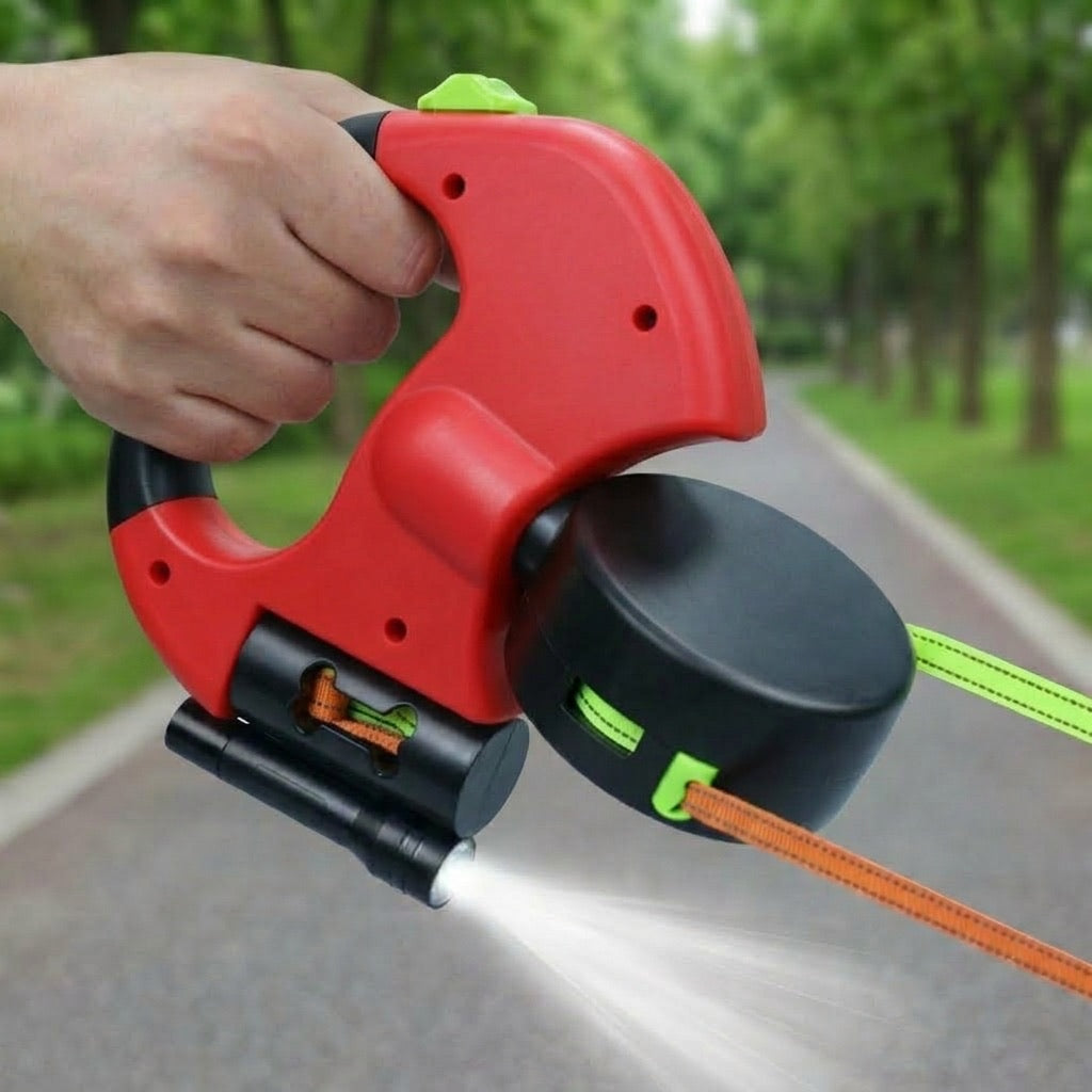 Red dual dog leash with 3M 10FT retractable leads and built-in LED light.