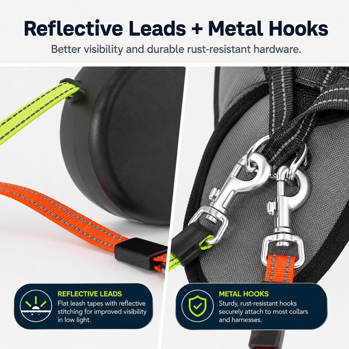 Reflective dual dog leash leads with durable metal hooks for secure walking.