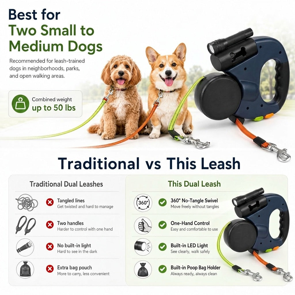 Dual dog leash comparison showing use for two small to medium dogs up to 50 pounds combined.