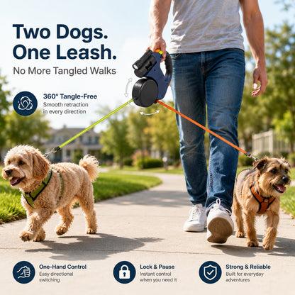 Two small dogs walking with one dual dog leash and 360 degree tangle-free control.
