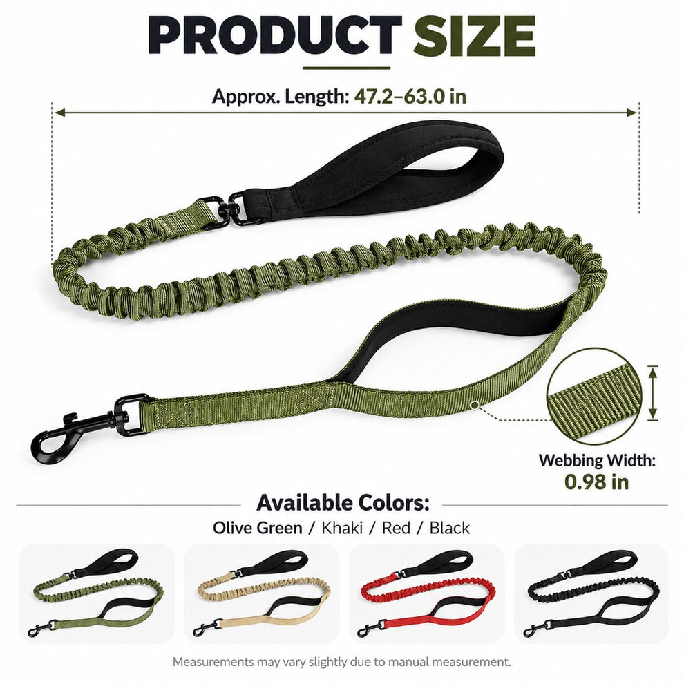 Dual handle bungee dog leash dimensions and webbing width