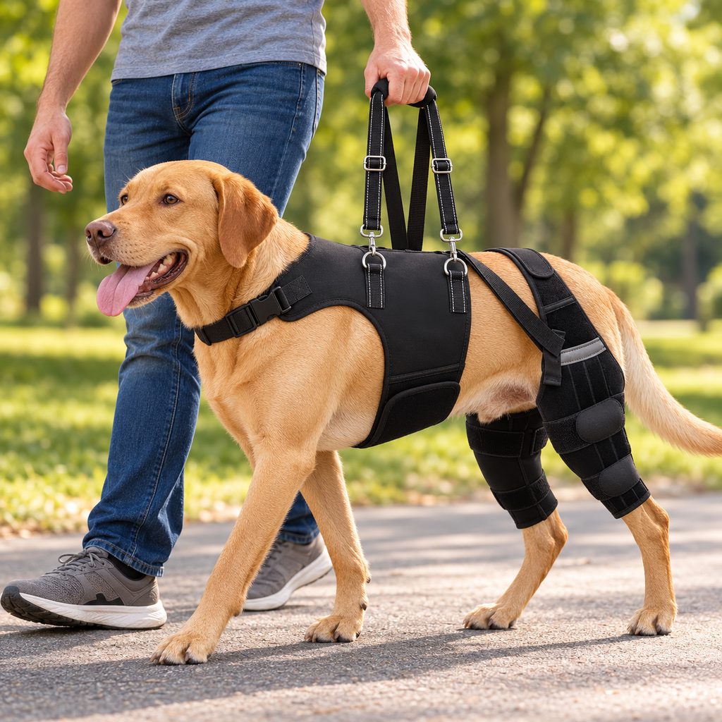 black dual rear leg knee brace for dogs with lift handle