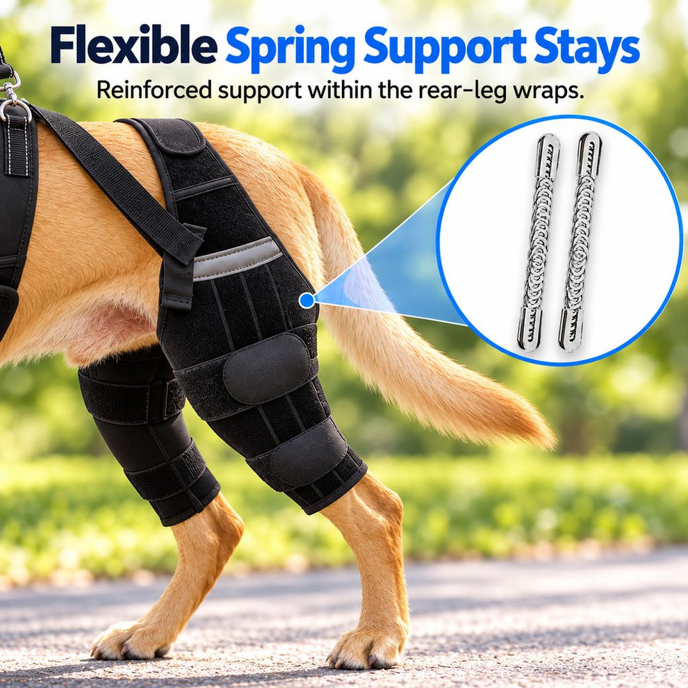 flexible spring support stays inside dog rear leg wraps