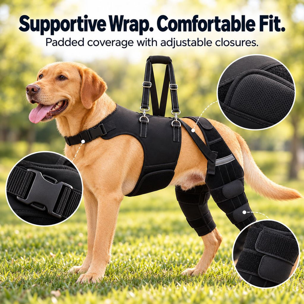 padded dog rear leg support wrap and adjustable closures