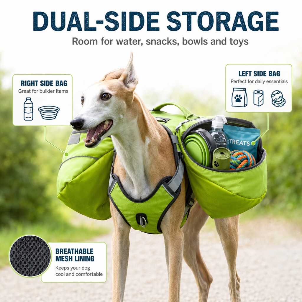 Dual-side storage dog backpack for trail essentials