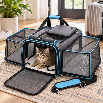 Blue dual-sided expandable pet carrier for cats and small dogs