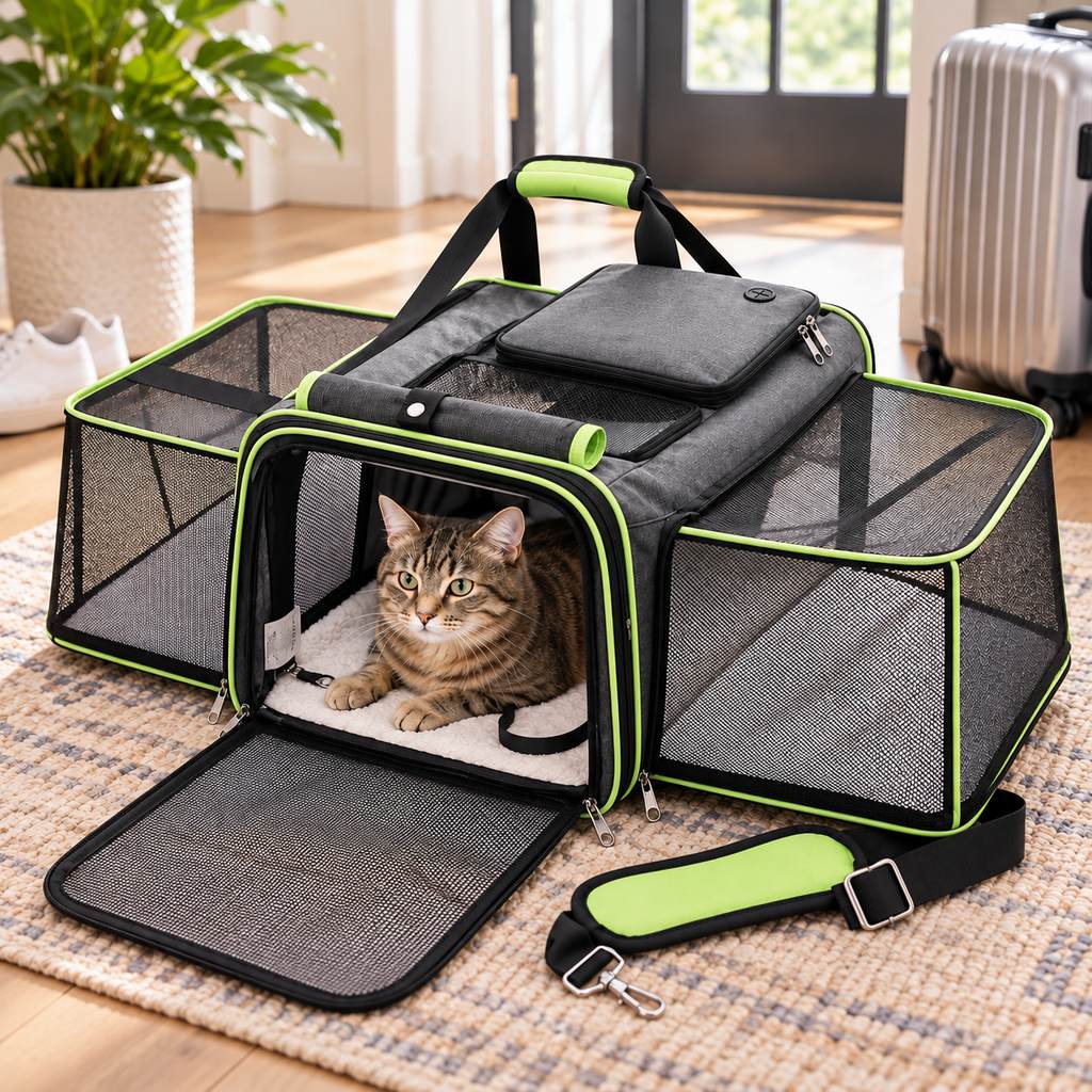 Green dual-sided expandable pet carrier for cats and small dogs