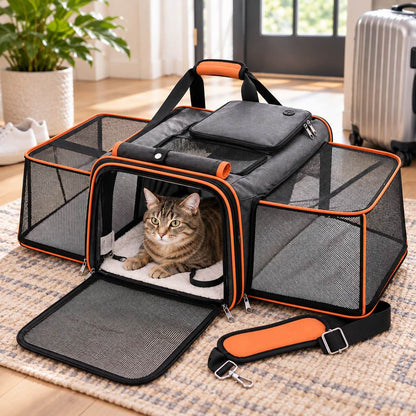 Orange dual-sided expandable pet carrier for cats and small dogs