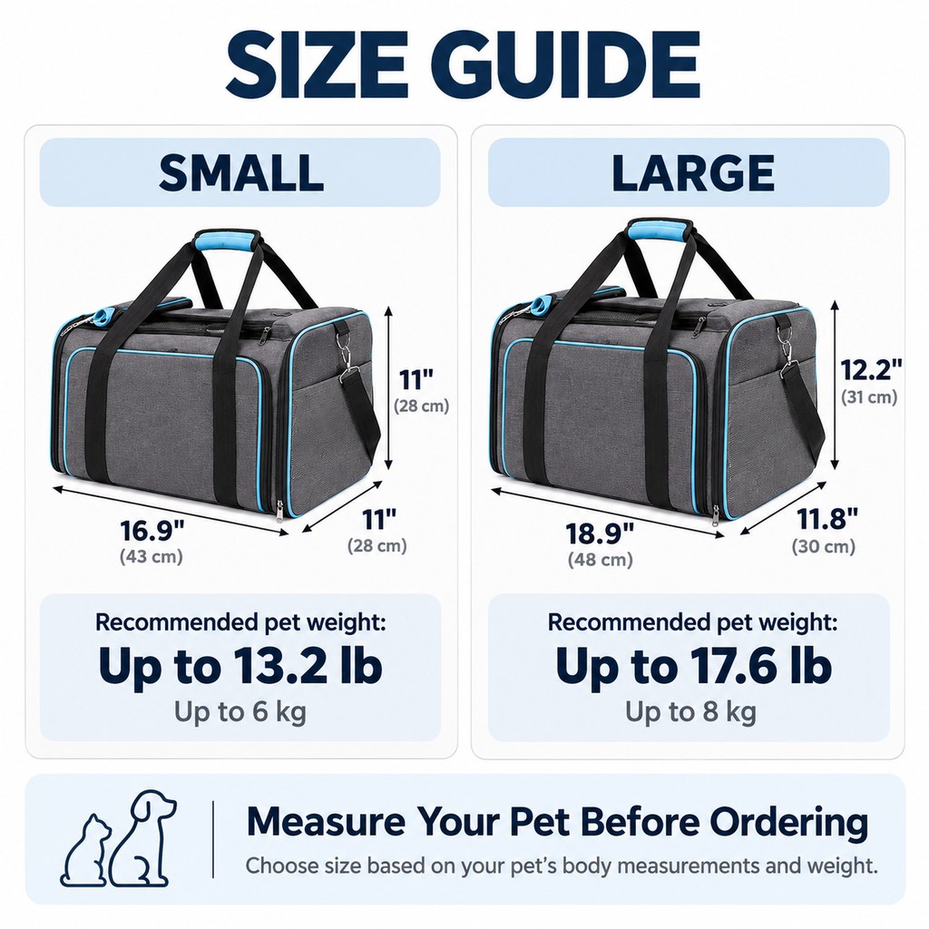 Small and Large dual-sided expandable pet carrier size guide