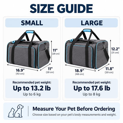 Small and Large dual-sided expandable pet carrier size guide