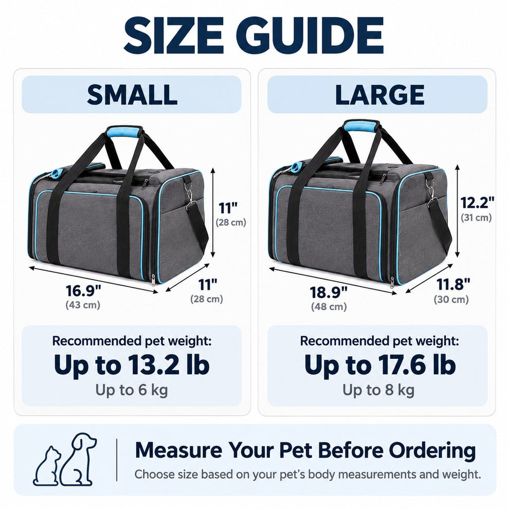 Small and Large dual-sided expandable pet carrier size guide