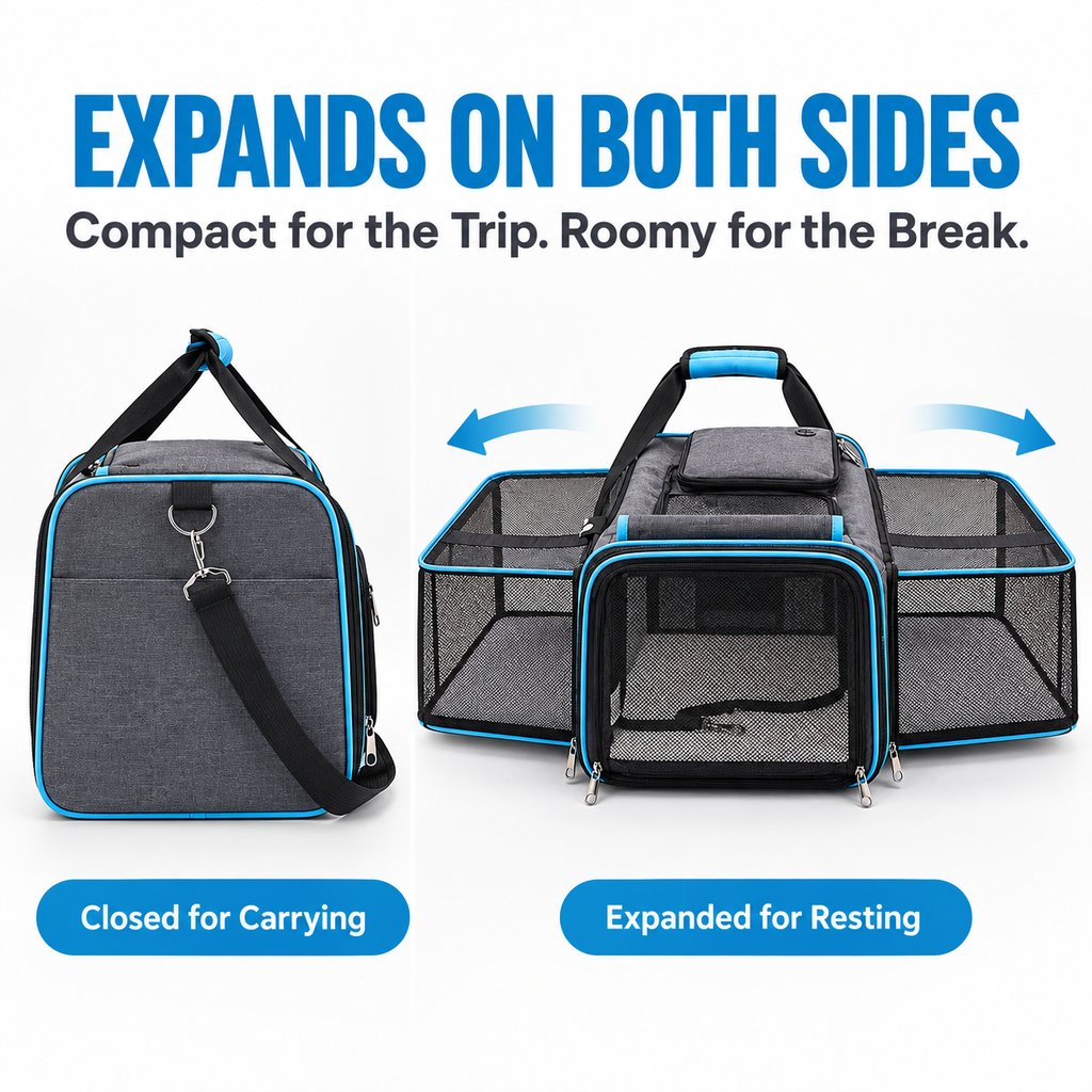 Dual-sided expandable pet carrier in closed carrying and expanded resting modes
