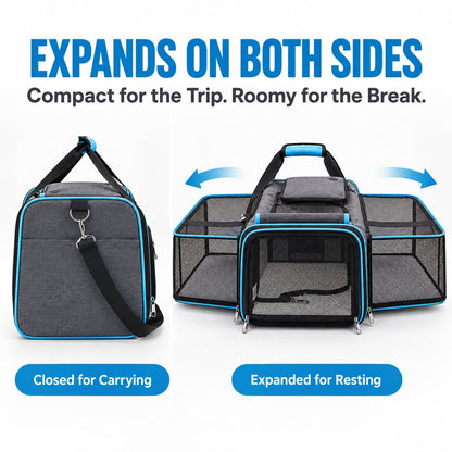 Dual-sided expandable pet carrier in closed carrying and expanded resting modes