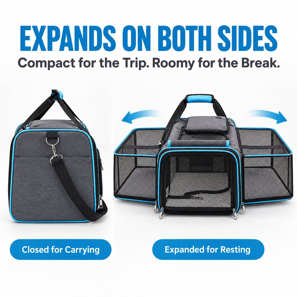 Dual-sided expandable pet carrier in closed carrying and expanded resting modes