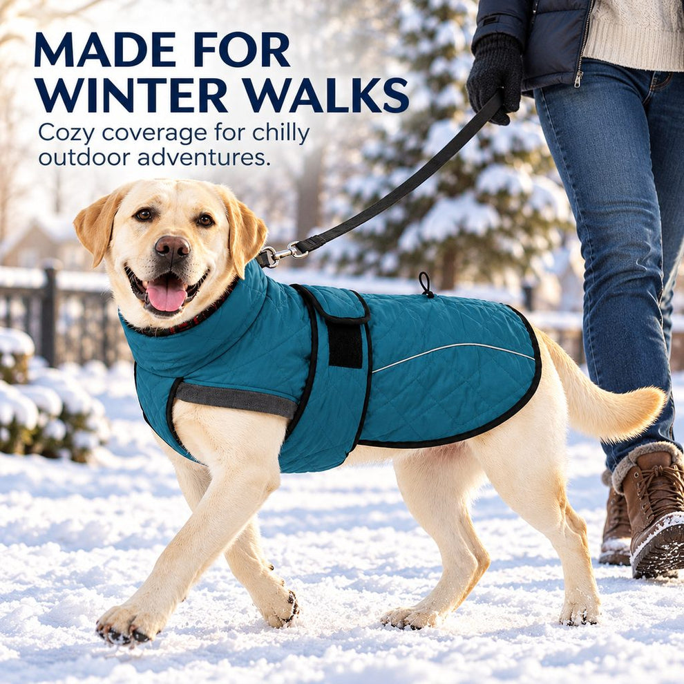 teal blue winter dog coat for cold-weather walks