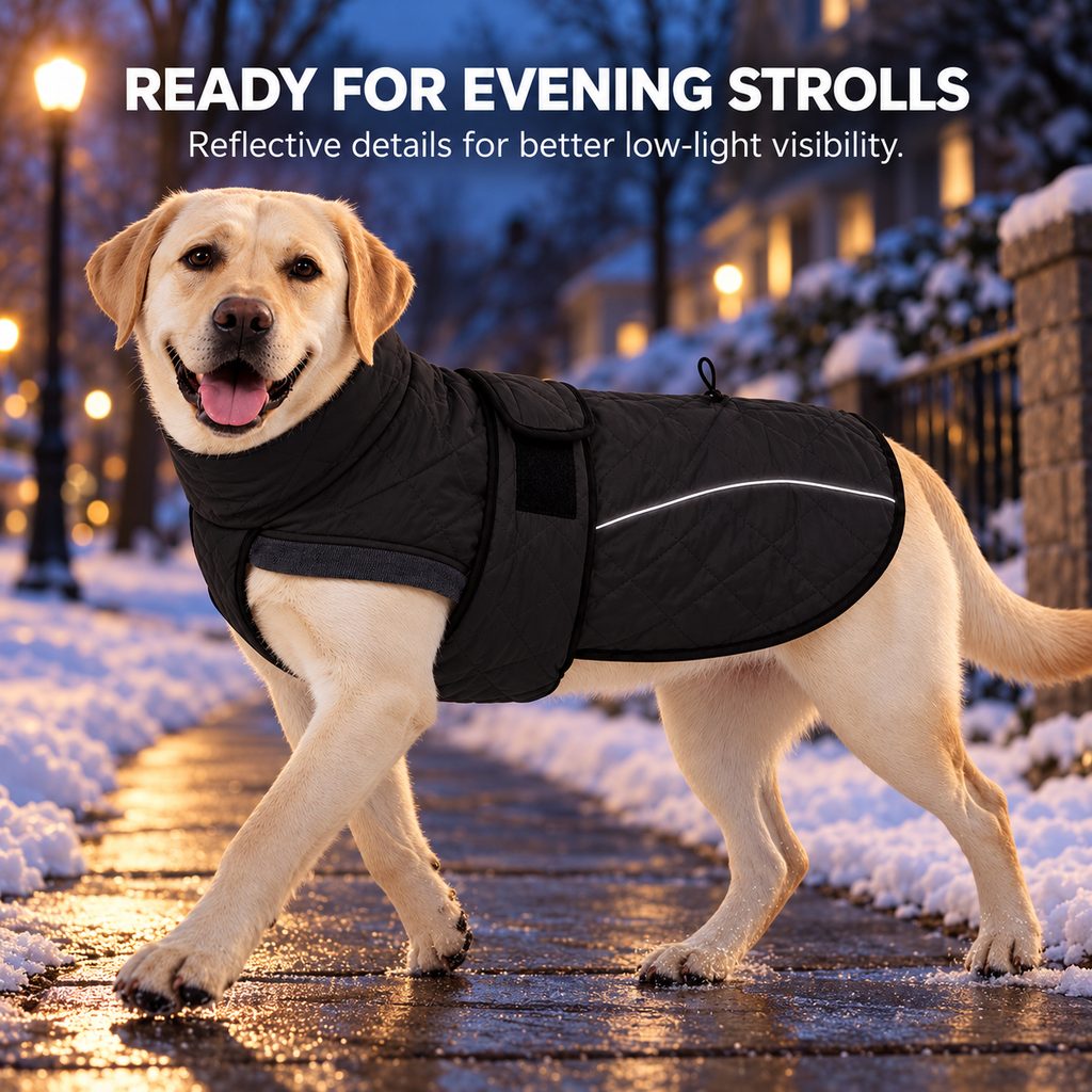black reflective winter dog coat for evening strolls