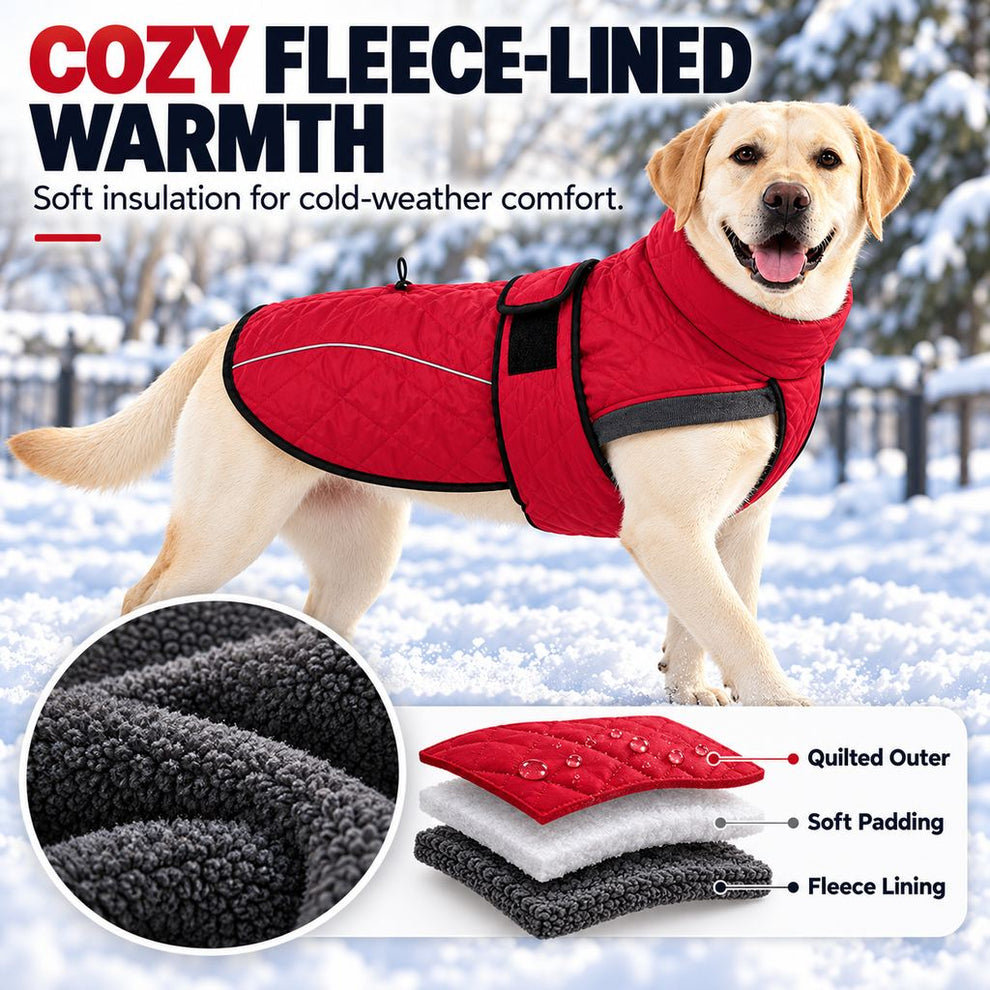 red quilted dog coat with soft fleece lining