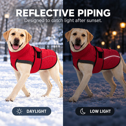 red winter dog coat reflective piping day and night