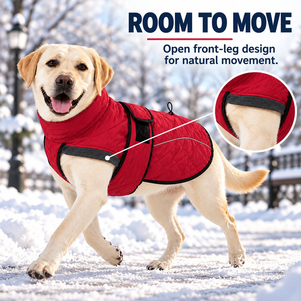 red adjustable winter dog coat with room to move