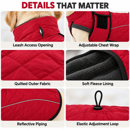 red winter dog coat leash opening fleece and reflective details