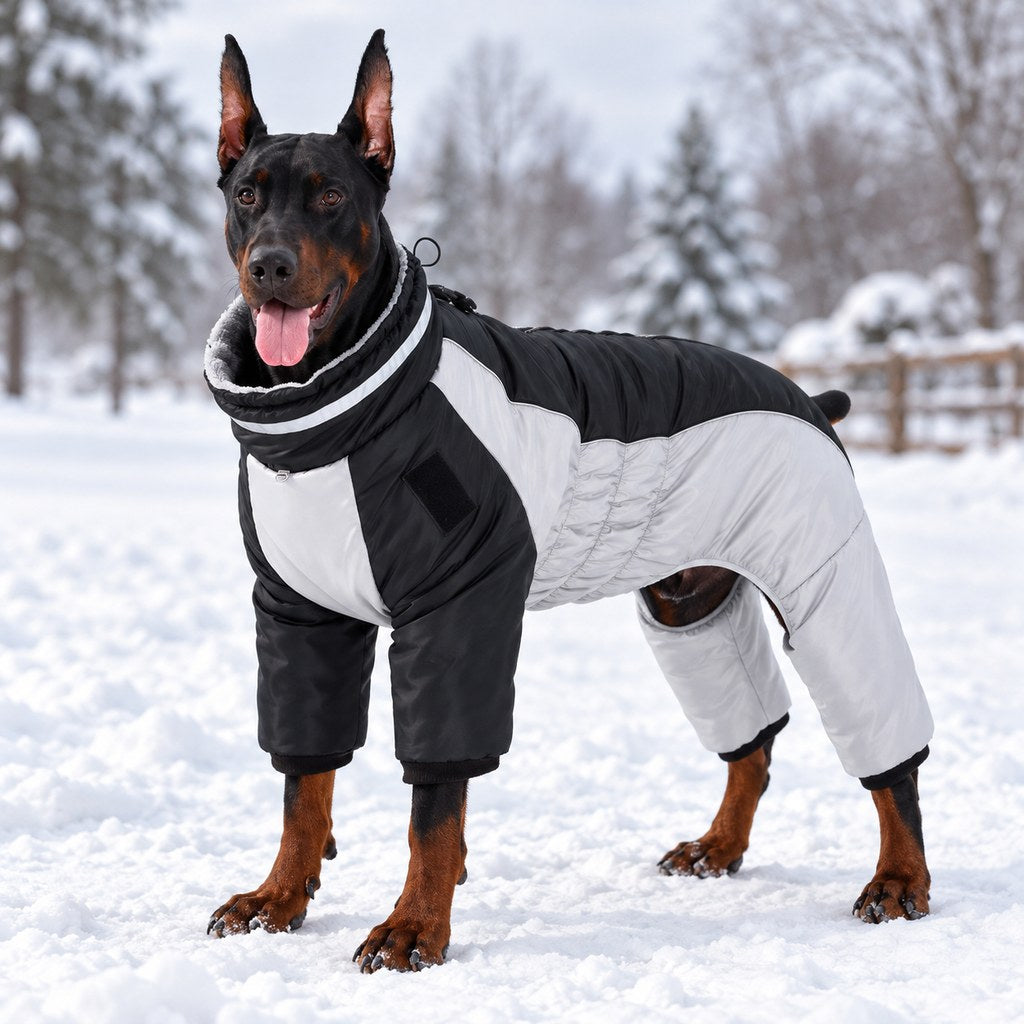 black reflective fleece-lined four-leg dog winter snowsuit