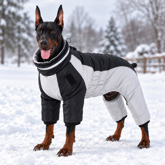 black reflective fleece-lined four-leg dog winter snowsuit