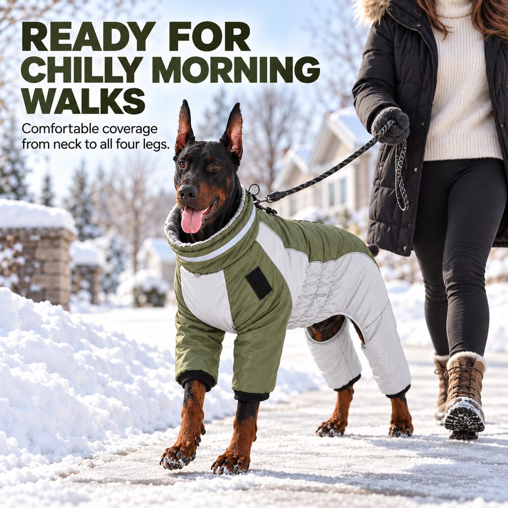 olive green four-leg dog snowsuit on a winter walk