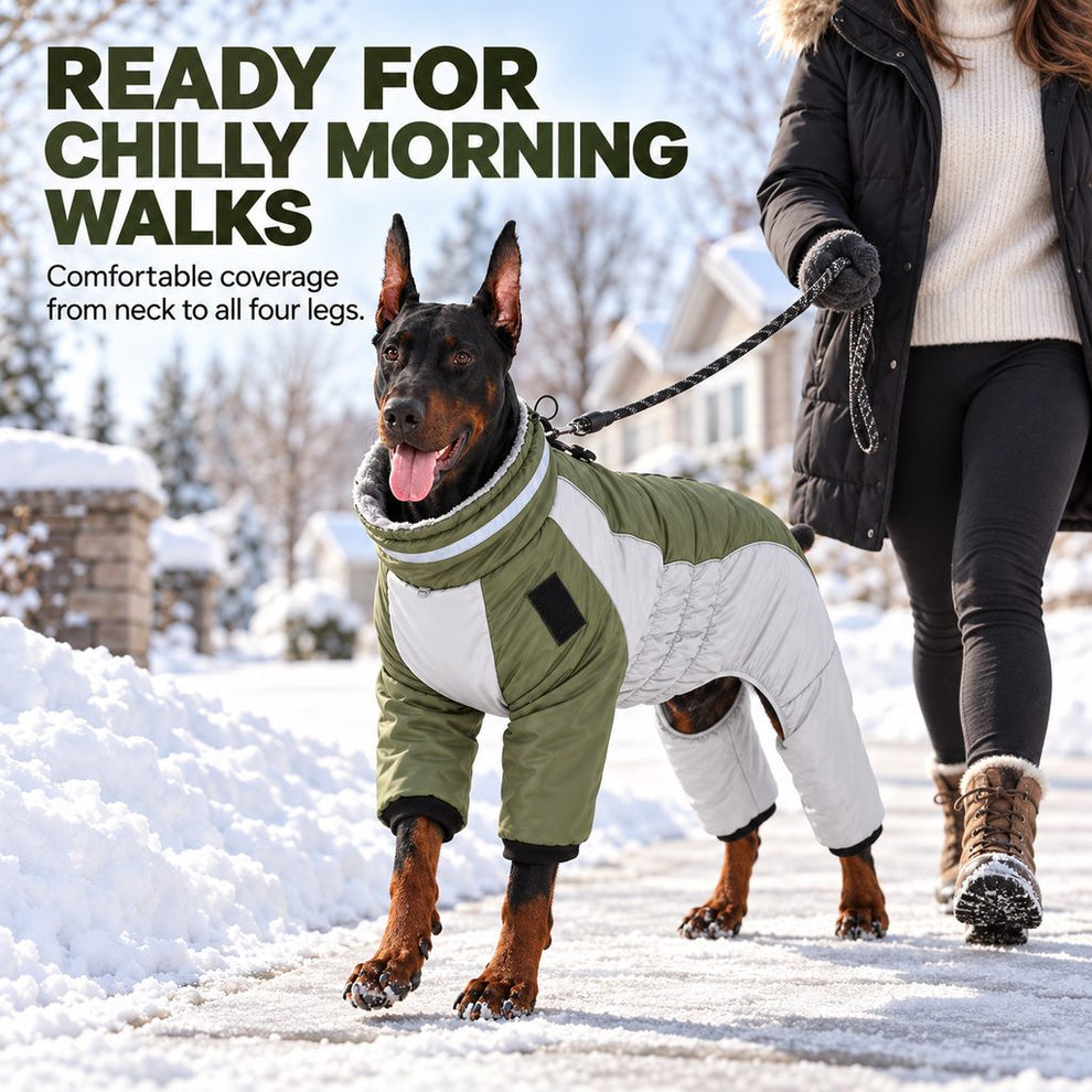olive green four-leg dog snowsuit on a winter walk