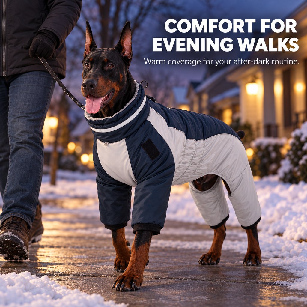 navy blue reflective dog winter snowsuit on an evening walk