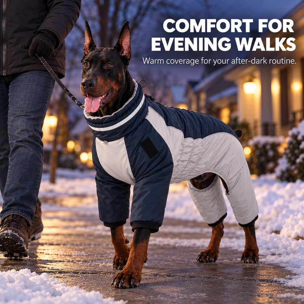 navy blue reflective dog winter snowsuit on an evening walk