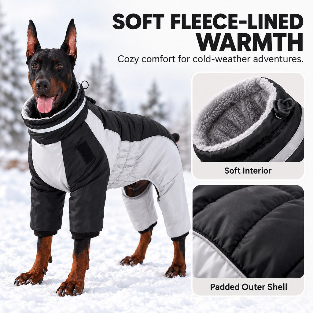 soft fleece lining inside a four-leg dog winter coat