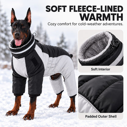 soft fleece lining inside a four-leg dog winter coat