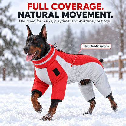 red full-body four-leg dog snowsuit coverage