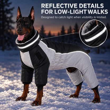 reflective details on a black dog winter snowsuit