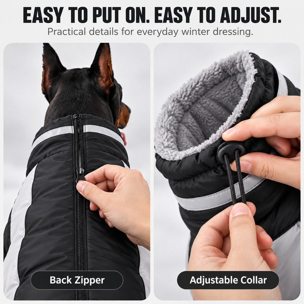 back zipper and adjustable collar on dog winter coat