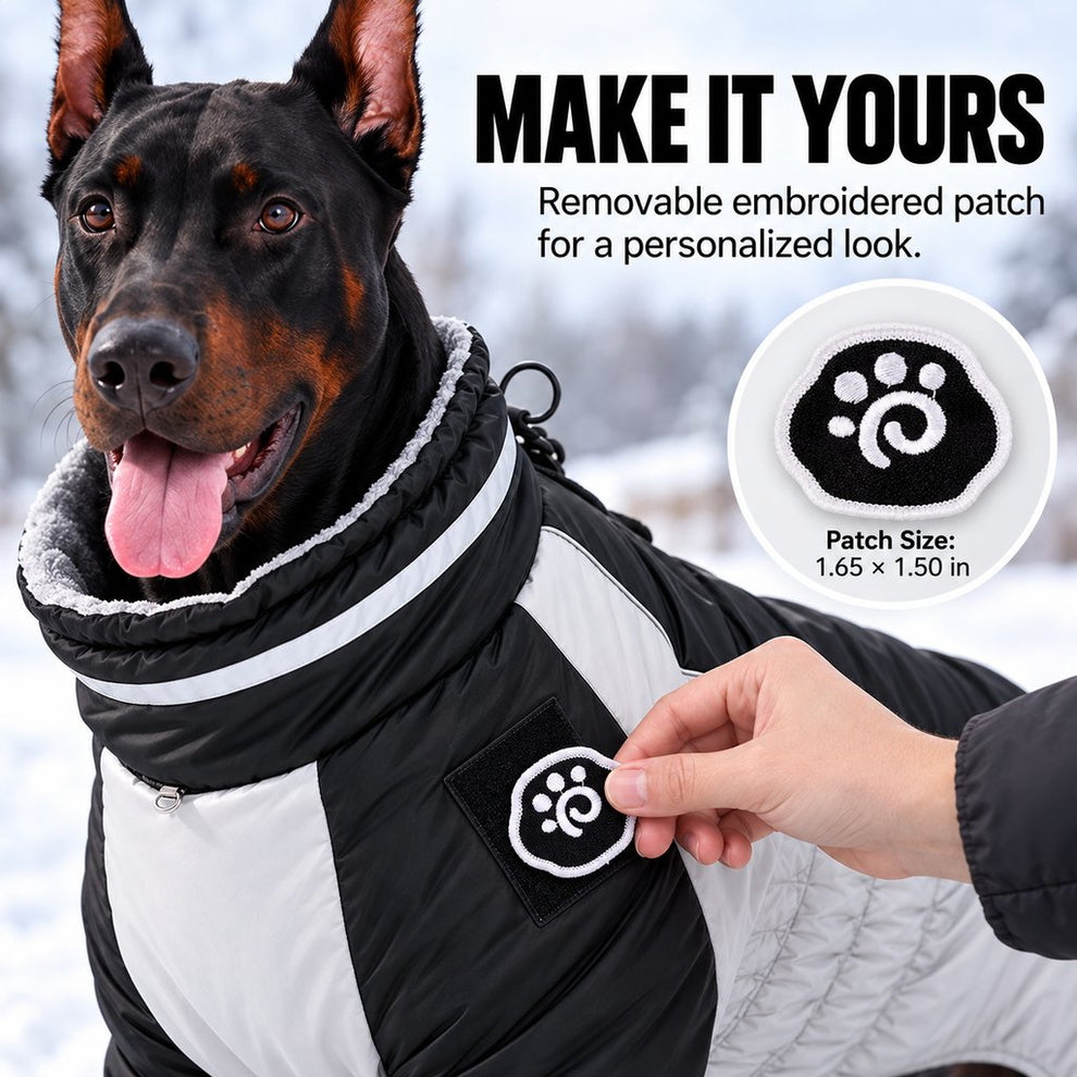 removable embroidered patch on dog winter snowsuit