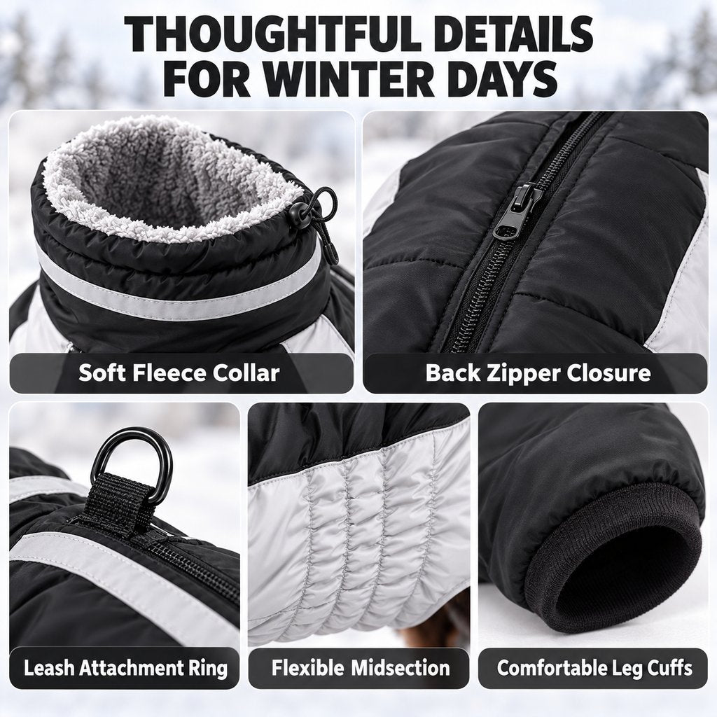 fleece collar zipper leash ring and cuff details