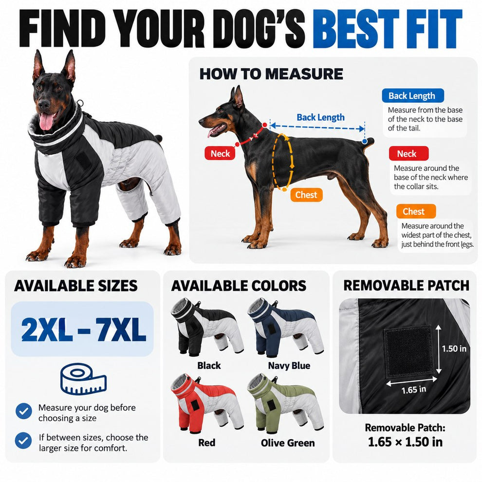 four-leg dog winter snowsuit fit and measurement guide