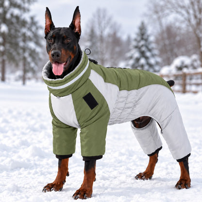 olive green reflective fleece-lined four-leg dog winter snowsuit