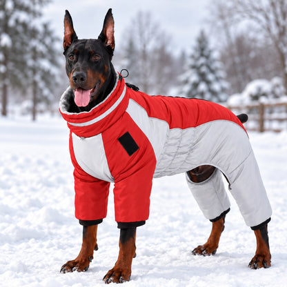 red reflective fleece-lined four-leg dog winter snowsuit