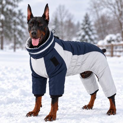 navy blue reflective fleece-lined four-leg dog winter snowsuit