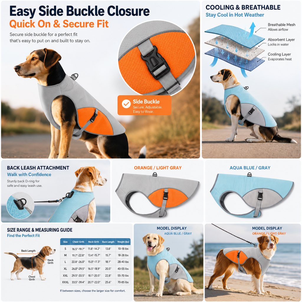 Paws in Awe Dog Cooling Vest for Summer Walks - Wet-to-Cool Lightweight Jacket with Leash Ring for Hot Weather Outdoor Comfort image 8