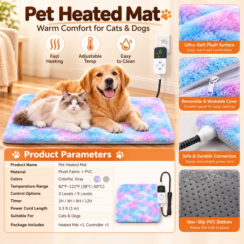Electric heated pet mat product specifications graphic