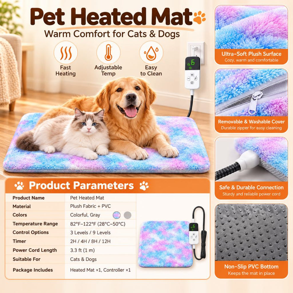 Electric heated pet mat product specifications graphic