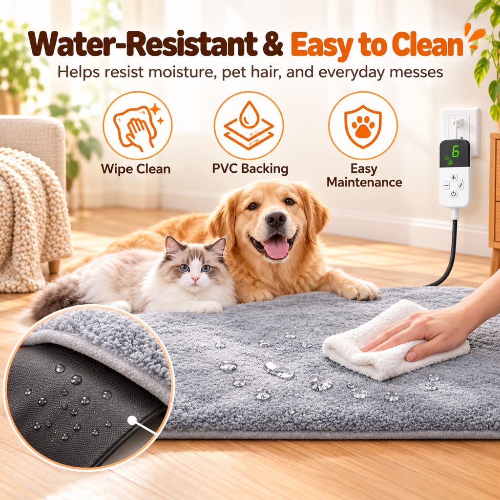 Marketing graphic showing PVC backing and cleaning details on heated pet mat