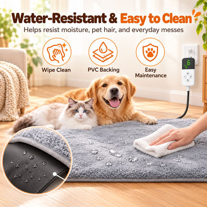 Marketing graphic showing PVC backing and cleaning details on heated pet mat
