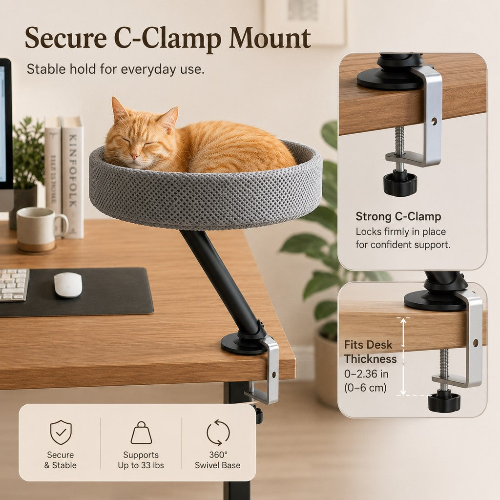Paws in Awe Desk Mounted Cat Bed Perch for Home Office - Space Saving Elevated Cat Lounger with Soft Breathable Fabric for Cats to Relax Beside Your Workspace image 5