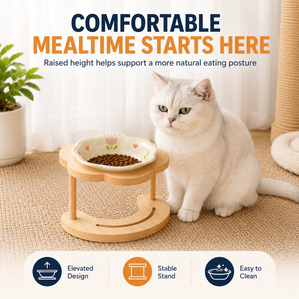 Paws in Awe Elevated Ceramic Pet Bowl with Wooden Stand for Cats & Small Dogs image 2