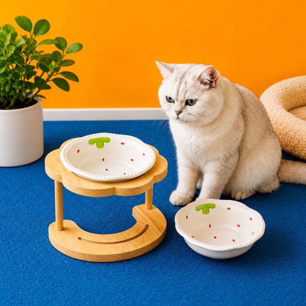 Paws in Awe Elevated Ceramic Pet Bowl with Wooden Stand for Cats & Small Dogs image 1