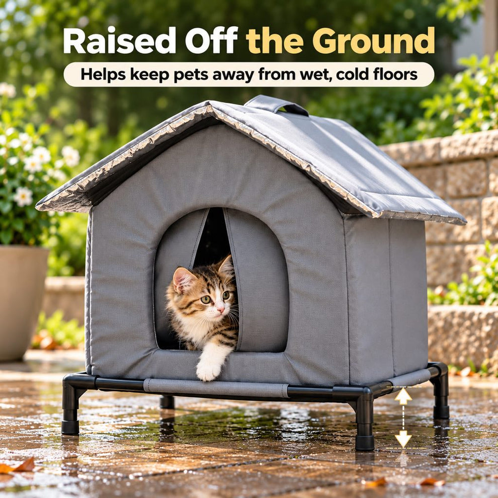 Raised support frame under a gray outdoor cat house